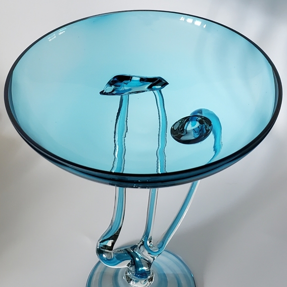 10 3/4" Tall Large Handcrafted Blown Art Glass Aqua Blue Jelly Fish🎐 Bowl 🇵🇱 - Picture 6 of 13